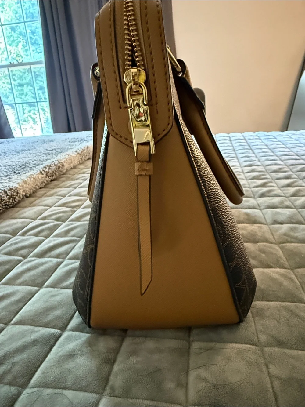 Calvin Klein Dark Brown Logo Satchel Purse Handbag with Tan Handles